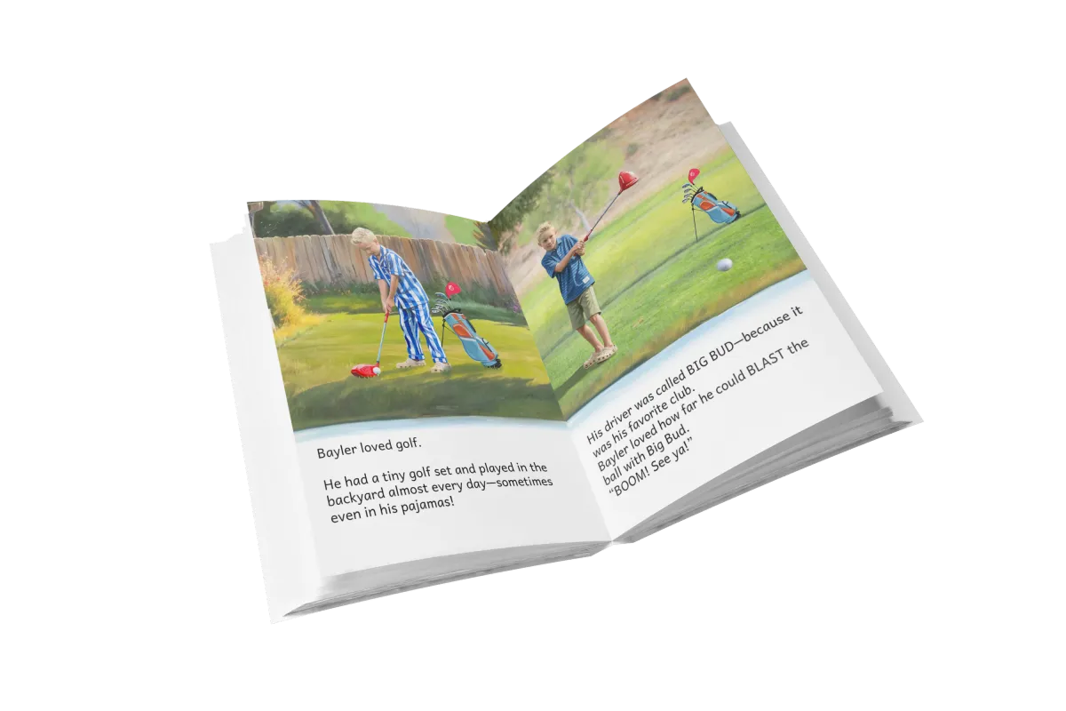 Open book showing illustrated pages from The Magic Swing with a child playing golf
