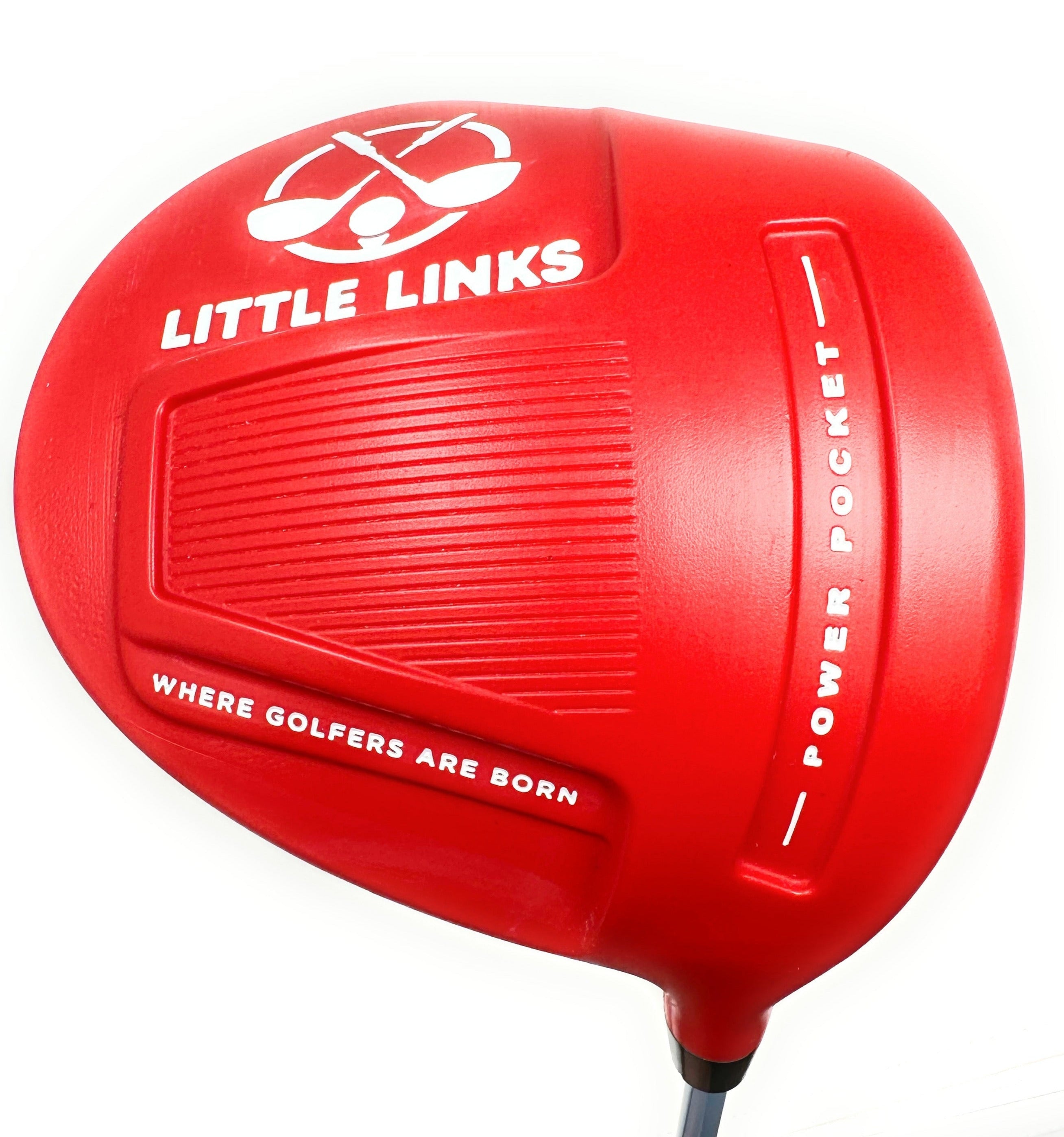 A red golf driver with the text 'LITTLE LINKS' and 'POWER POCKET' displayed on the top. The club is designed for kids with a playful and vibrant appearance.